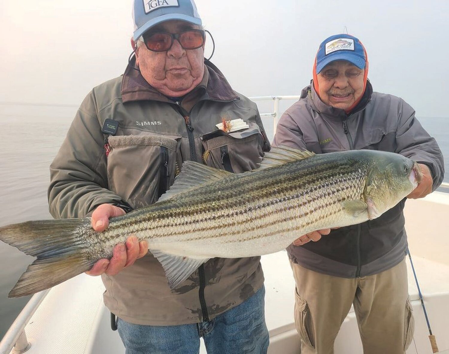 ON THE FLY: Fly fishing expert Dave Pollack and Mario Renzi hooked up with multiple striped bass to 25 pounds on Cast-a-Fly Charters last Thursday. (Submitted photos)
